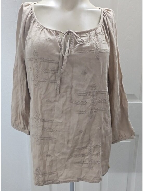 Old Navy Tops - Old Navy Boho Peasant Blouse Medium Beige Embroidered Tie Neck Cottagecore Top